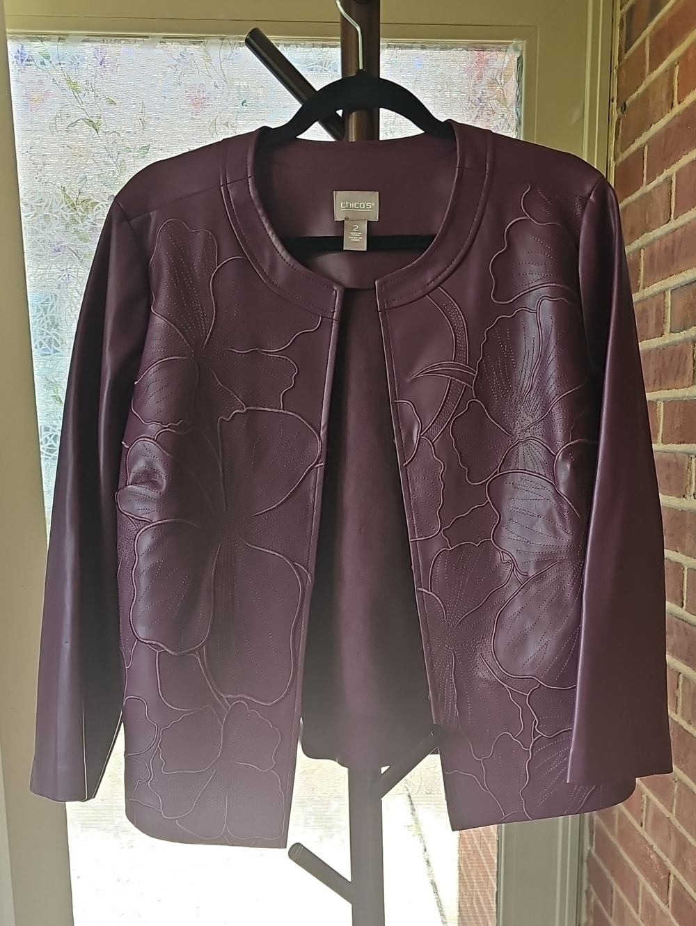 Chico's Women's Plum Floral Embossed Open Jacket